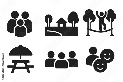 Slackline Community Icons. Solid style icons of Slackline Community: Group, Rope, Park, Trees, Pose, Picnic, Audience, Smiling