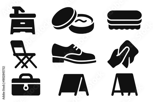 Shoeshine Tools Icons. Solid style icons of Street Shoeshine: Cobbler Stand, Tin of Wax, Old Brush, Folding Chair, Customer Shoe,