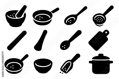 Spice Preparation Icons. Solid style icons of spice preparation: grinding, roasting pan, spice spoon, strainer, rolling pin,