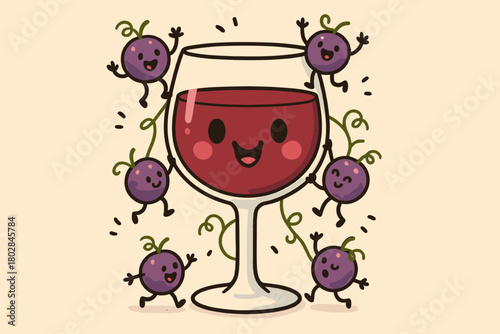 Cheerful Wine Glass. Cheerful wine glass with a smiling face, tiny grapes climbing around it like playful doodle characters