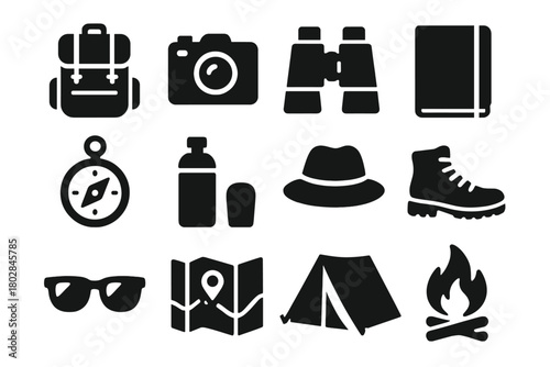 Adventure Travel Icons. Solid style icons of adventure travel: backpack, camera, binoculars, journal, compass, water bottle, hat,