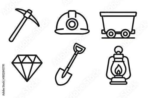 Mining Essentials Icons. Line style icons of mining essentials: pickaxe, helmet, mine cart, gemstone, shovel, lantern. No text, No