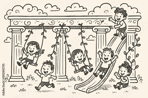 Whimsical Playground Doodle. A doodle of a xystus turned into a whimsical playground, with columns as slides, vines as swings, and