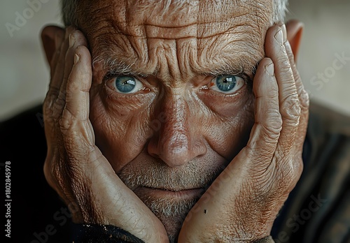 Close-up portrait of elderly man with intense blue eyes holding face in hands, showing deep wrinkles and weathered skin expressing worry or contemplation.