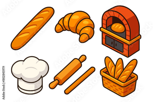 French Bakery Icons. Isometric vector illustration set French Bakery: fresh baguette, golden croissant, hot oven, white baker’s