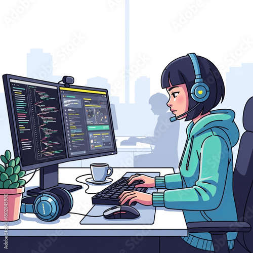 A young female programmer with a headset coding on a dual monitor computer setup in a modern office.