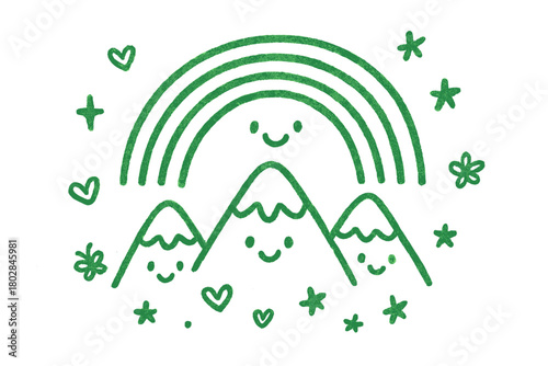 Smaragdine Rainbow Delight. A doodle of a smaragdine rainbow arching happily over smiling mountains, with tiny hearts, stars, and