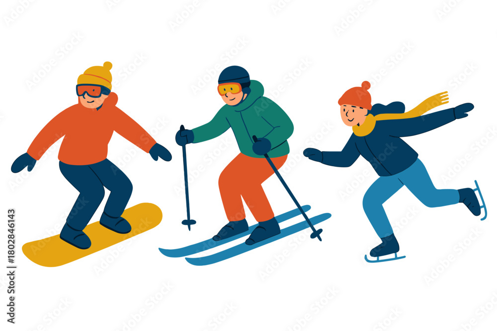 Obraz premium Characters of winter sports—snowboarding, skiing, and skating—embody outdoor winter activities, featuring snowboarders and skiers as part of an extreme sport group that promotes a vigorous, healthy