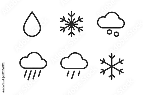 Line Style Icons. Line style icons of precipitation: raindrop, snowflake, hailstone, sleet, drizzle, ice crystal. No text, No