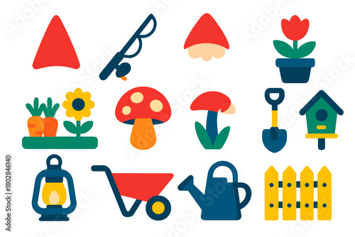 Gnome Garden Icons. Flat vector icons of Outdoor Gnome Set: pointy hat, fishing rod, beard, garden, mushroom, flower pot, lantern,