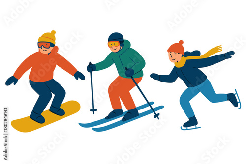 Characters of winter sports—snowboarding, skiing, and skating—embody outdoor winter activities, featuring snowboarders and skiers as part of an extreme sport group that promotes a vigorous, healthy