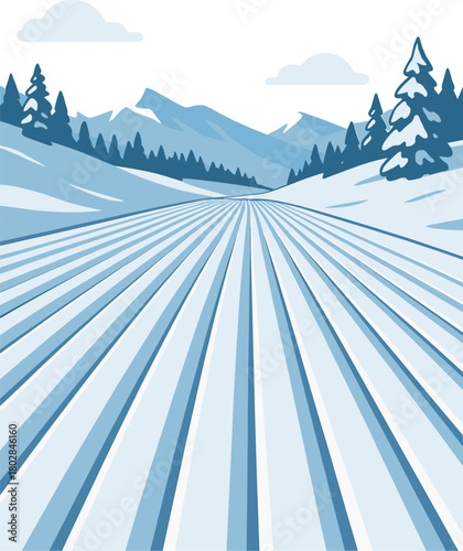 A winter resort's flawlessly groomed velvet snow, an immaculate empty ski run, a close‑up of a pristine slope ready for skiing and snowboarding, embodying the concept of active extreme winter sports