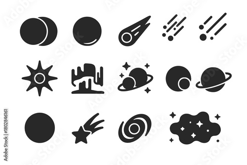 Celestial Event Icons. Solid style icons of celestial events: solar eclipse, lunar eclipse, comet, meteor shower, supernova,