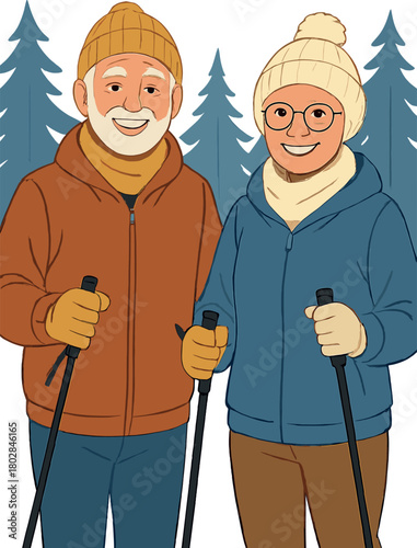 A waist-up portrait of an energetic senior couple strolling with walking sticks in a snowy forest, smiling at the camera