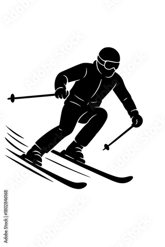 Skilled skier carving downhill turns on a winter mountain slope, illustrated as a black silhouette in an extreme winter sport vector art design