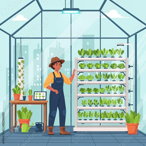 Illustration of a woman managing a smart vertical farm with hydroponic systems in an urban greenhouse.