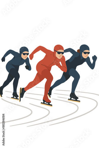 Recording slow-motion footage of professional female speed skaters in full-body spandex suits racing along the ice rink track