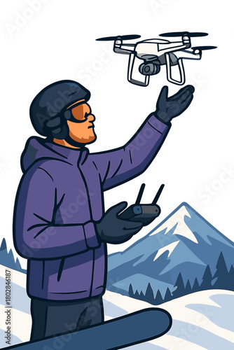 A male snowboarder wearing a violet jacket and black helmet launches a flying drone with a remote controller in his hand on a winter mountain