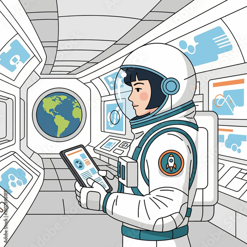 Astronaut in a spaceship holding a tablet with Earth visible through the window.