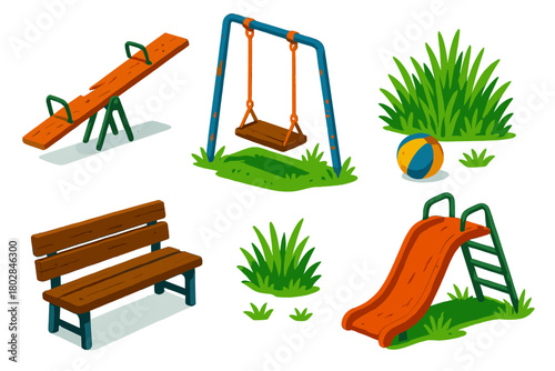 Forgotten Playground Icons. Isometric vector illustration set Forgotten Playground: Broken Seesaw, Rusty Swing, Overgrown Grass,