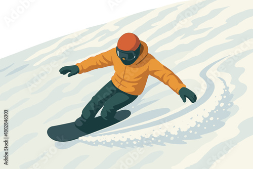 Fresh, untracked mountain powder snow seen from a drone angle during snowboarder turns