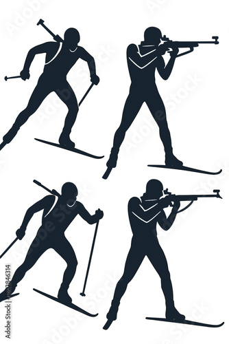 Dynamic silhouettes of biathlon athletes in skiing and shooting poses, embodying winter sports, competition, and endurance themes