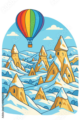 A vibrant balloon drifts above the extraordinary rock formations and hills of snowy Cappadocia, Nevşehir, in winter