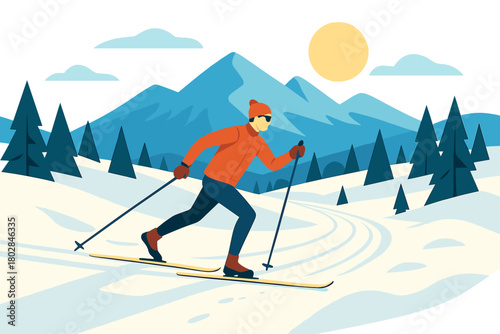 A cross‑country skier glides along a sunny, snow‑covered trail on a picturesque mountainside