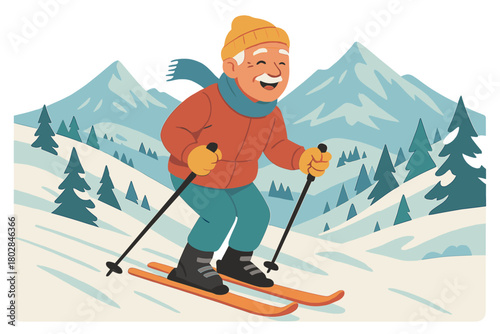 A happy senior man from Damuels, Austria, skis in a winter landscape