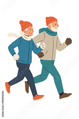 A full-length wide-angle shot of an energetic senior couple jogging outdoors during winter