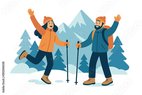 A woman and a man exploring snowy peaks, a fun travel concept,  photo