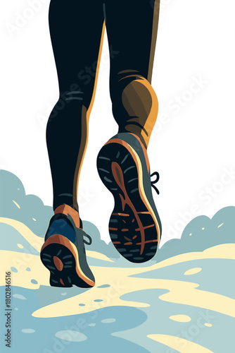 Close-up of a foot and legs running during a sport, backlit in winter