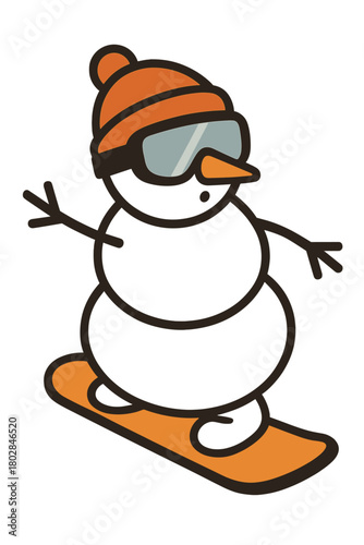 A mischievous snowman on a snowboard, sporting a ski mask and a beanie, readies itself to glide down a snowy slope, standing in a ready‑to‑go pose