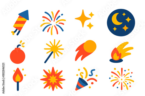 Night Sky Celebrations. Flat vector icons of Night Sky Fireworks: rocket, burst, sparkle, night sky, aerial shell, flare, comet,