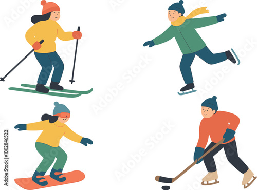 A flat vector illustration featuring a group of male and female cartoon figures engaging in winter sports such as skiing, ice skating, snowboarding, and hockey, all wearing outerwear
