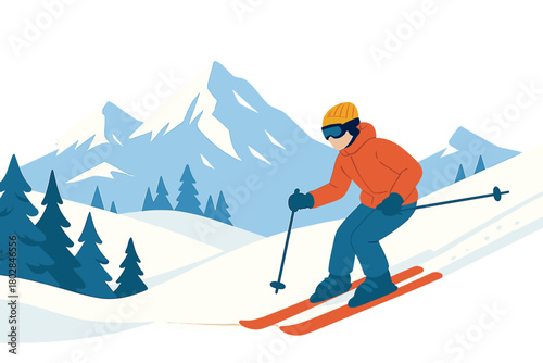 A winter sports banner featuring a vector illustration of extreme winter activities set against snowy mountains, skiing, and pine trees, with a horizontal ski background and outdoor holiday scenes