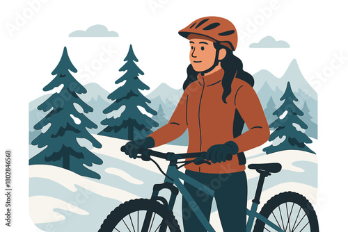A female mountain biker stands outdoors in a winter landscape