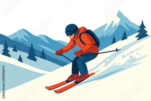 The energetic frame shows a skier racing down a spotless, snow‑laden slope, conveying the exhilaration and joy of winter sports amid a stunning backdrop