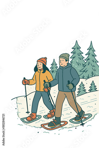 Hand‑drawn vector illustration of a couple walking on snowshoes, with copy space for a ski resort publicity poster, showcasing a winter sports theme