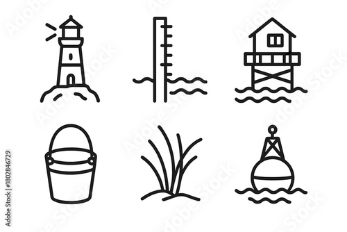 Coastal Research Icons. Line style icons of coastal research: lighthouse, tide gauge, pier station, sampling bucket, dune grass,