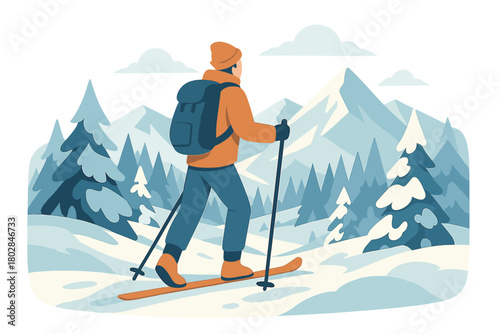 A skier explores snowy mountains, enjoying a winter wonderland trek through white forests and rugged terrain, inviting adventurous people to join the cold, extreme landscape