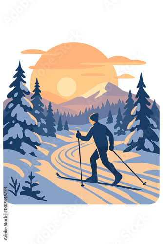 Skiing across a Scandinavian winter paradise at sunset