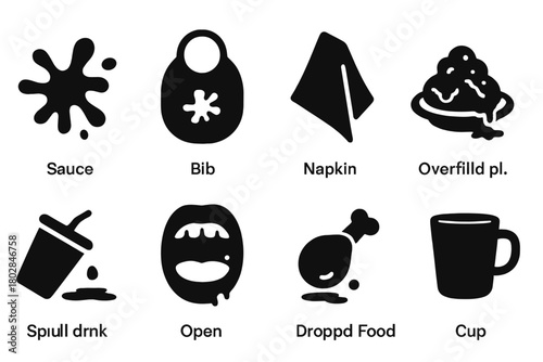 Messy Eating Icons. Solid style icons of Messy Eating: Sauce Splatter, Bib, Napkin, Overfilled Plate, Spilled Drink, Open Mouth,