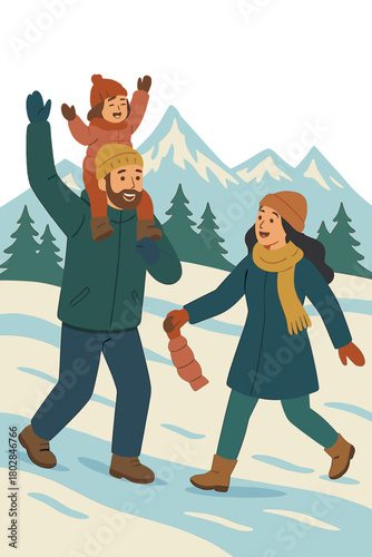 A family with a little daughter enjoying the outdoors in winter, amidst the Tatra mountains of Slovakia