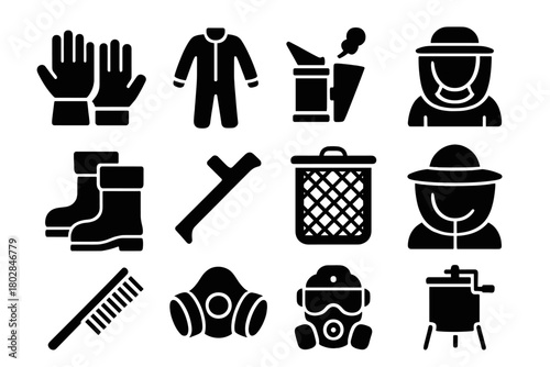 Beekeeping Safety Icons. Solid style icons of Beekeeping Safety: Gloves, Suit, Smoker, Veil, Boots, Hive Tool, Net, Hat,