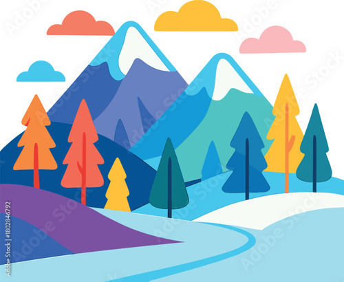 A colorful fictional setting featuring winter sports hues, snowy mountains in the background,