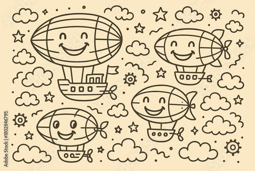 Airship Parade Delight. Delightful doodle vector artwork of an airship parade in the sky, each ship with a grinning face, flying