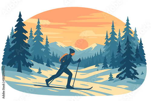 Gliding across a snowy Scandinavian winter wonderland as the sun sets