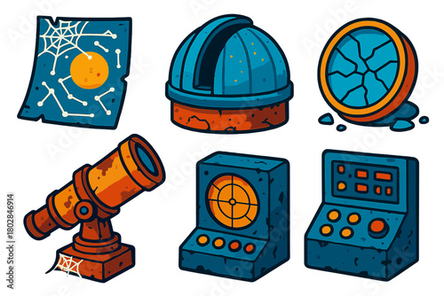 Abandoned Observatory Icons. Isometric vector illustration set Abandoned Observatory: Old Chart, Cobwebs, Dusty Dome, Broken Lens,