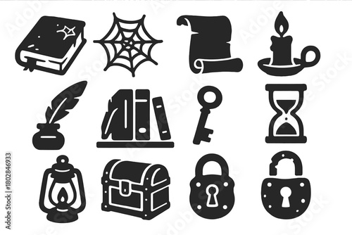 Abandoned Knowledge Icons. Solid style icons of Abandoned Knowledge: Dusty Book, Cobweb, Ancient Scroll, Candle, Quill, Inkpot,